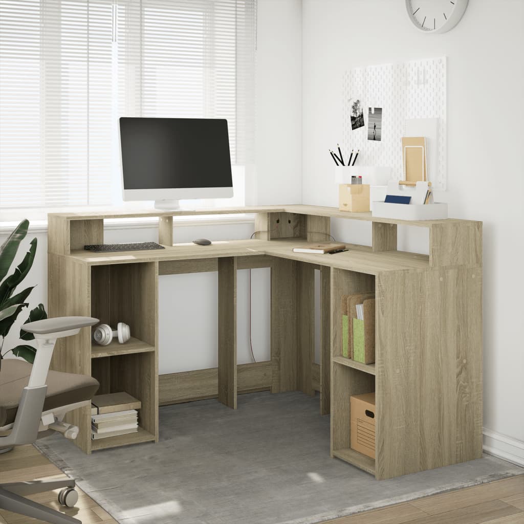 vidaXL Desk with LED Lights Sonoma Oak 130x130x91 cm Engineered Wood