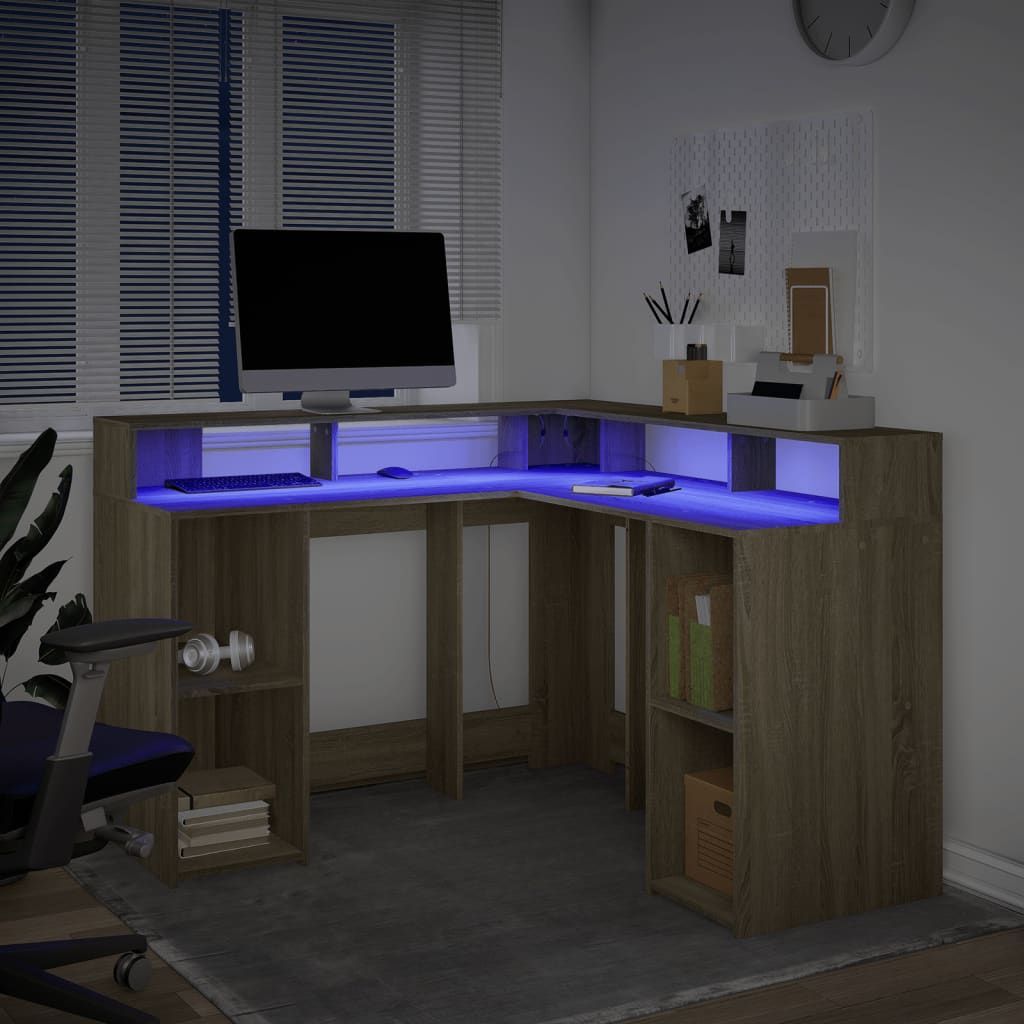 vidaXL Desk with LED Lights Sonoma Oak 130x130x91 cm Engineered Wood