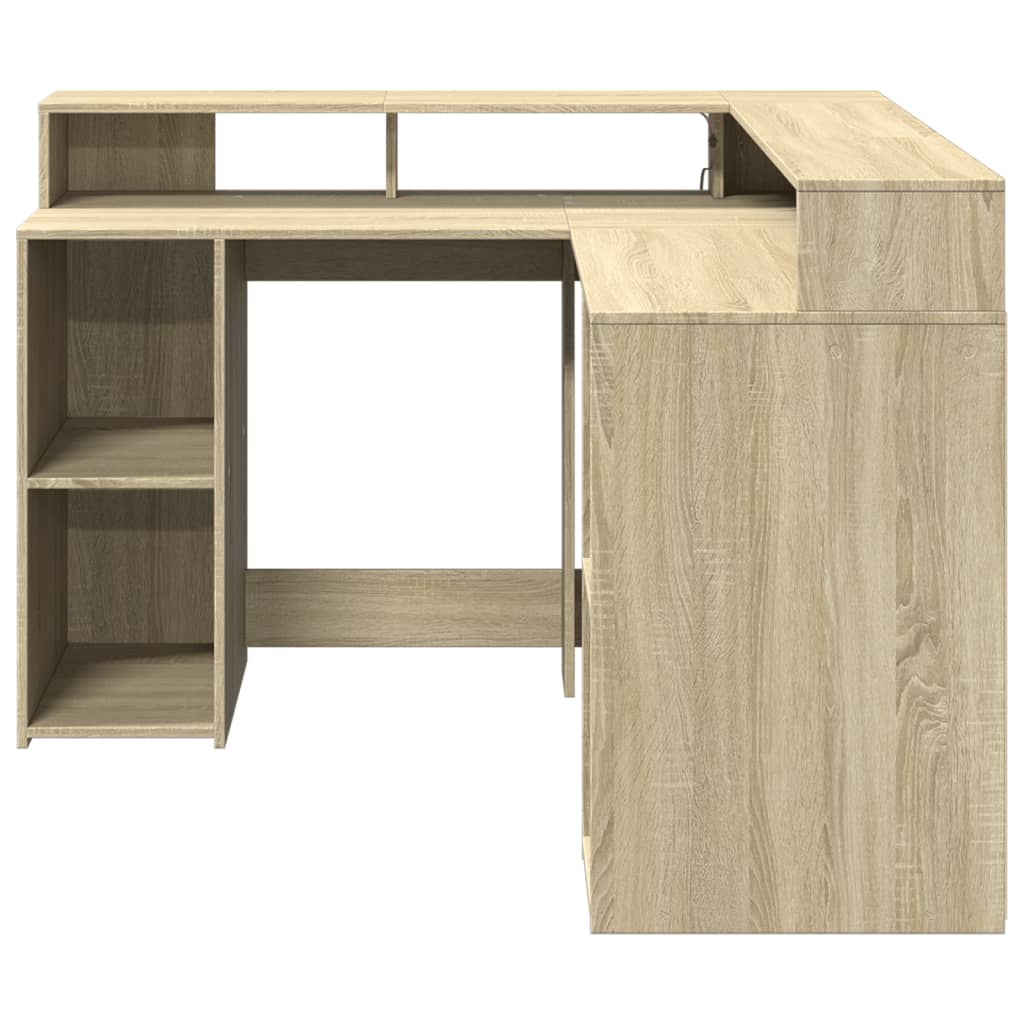 vidaXL Desk with LED Lights Sonoma Oak 130x130x91 cm Engineered Wood