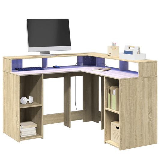 vidaXL Desk with LED Lights Sonoma Oak 130x130x91 cm Engineered Wood