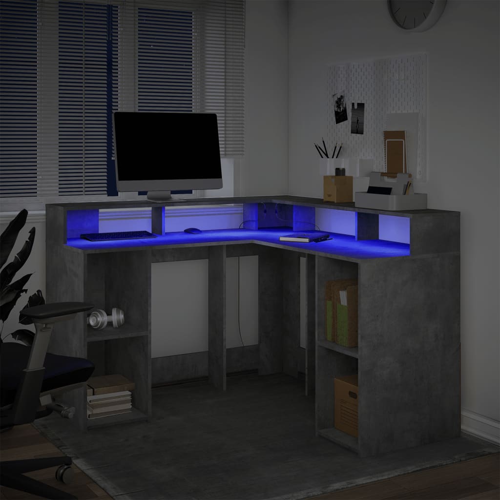 vidaXL Desk with LED Lights Concrete Grey 130x130x91 cm Engineered Wood