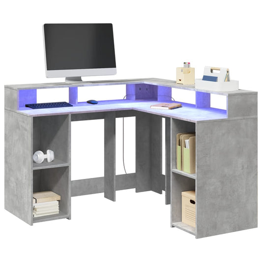 vidaXL Desk with LED Lights Concrete Grey 130x130x91 cm Engineered Wood