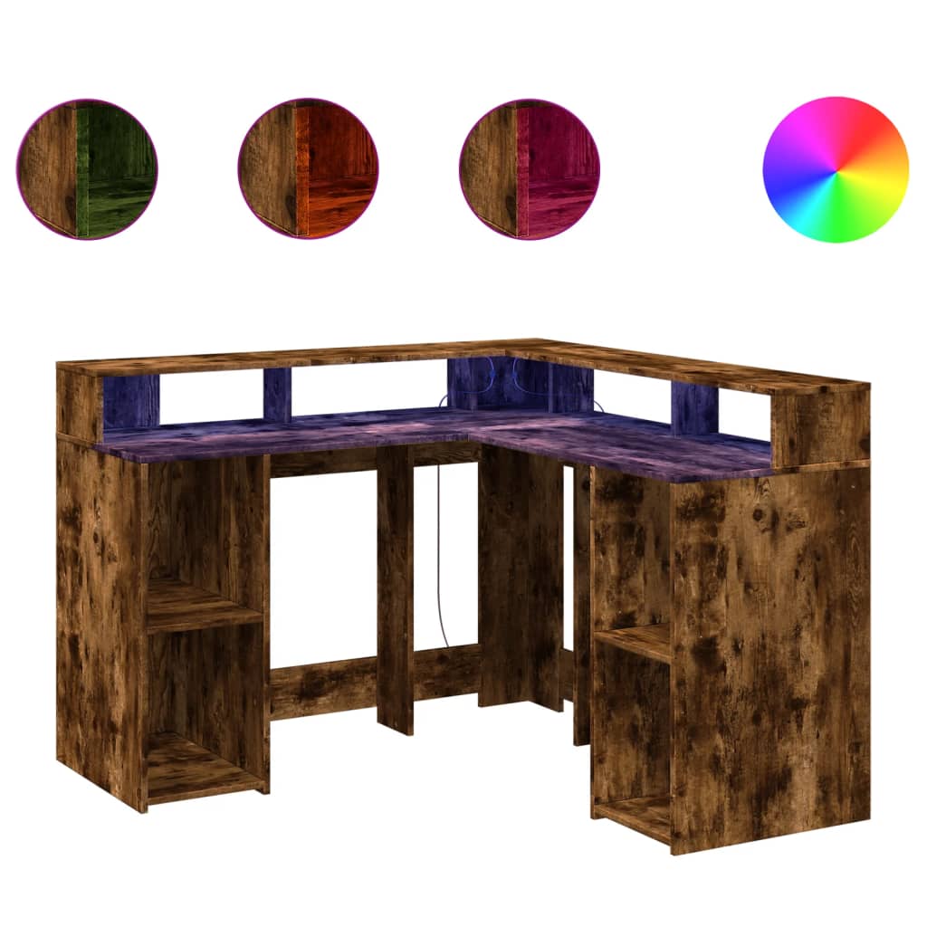 vidaXL Desk with LED Lights Smoked Oak 130x130x91 cm Engineered Wood