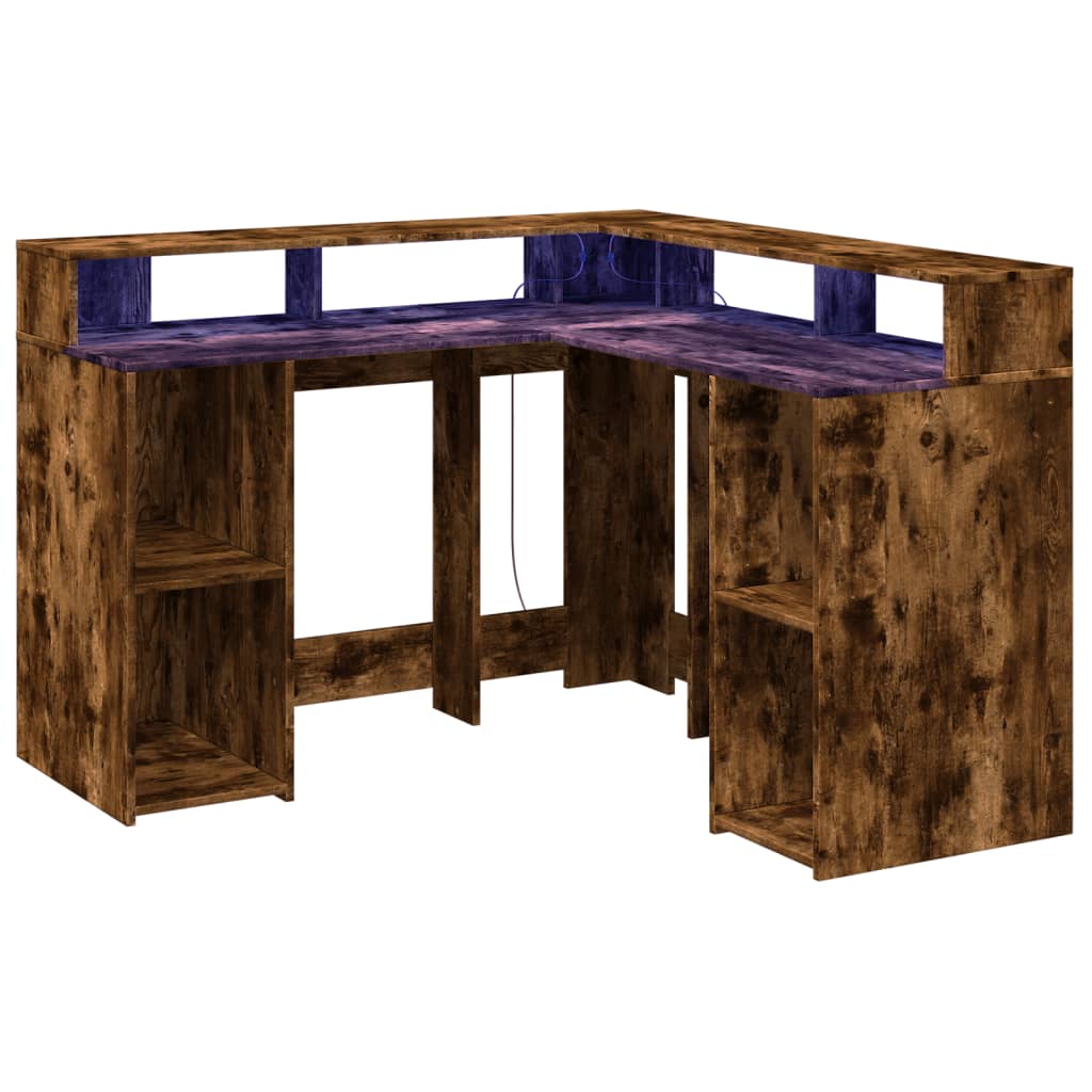 vidaXL Desk with LED Lights Smoked Oak 130x130x91 cm Engineered Wood