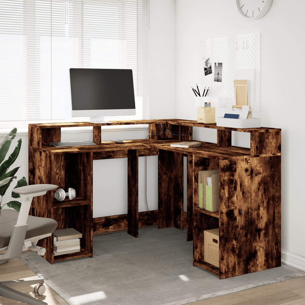 vidaXL Desk with LED Lights Smoked Oak 130x130x91 cm Engineered Wood