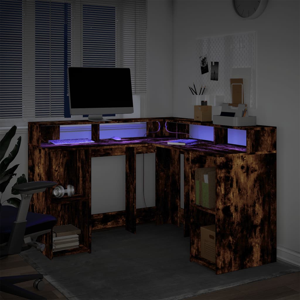 vidaXL Desk with LED Lights Smoked Oak 130x130x91 cm Engineered Wood