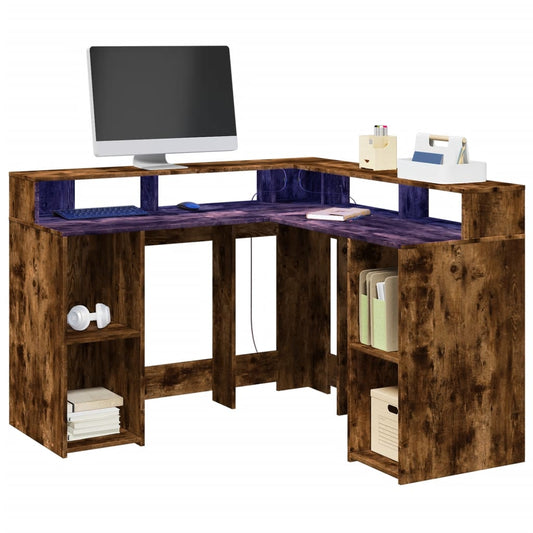 vidaXL Desk with LED Lights Smoked Oak 130x130x91 cm Engineered Wood