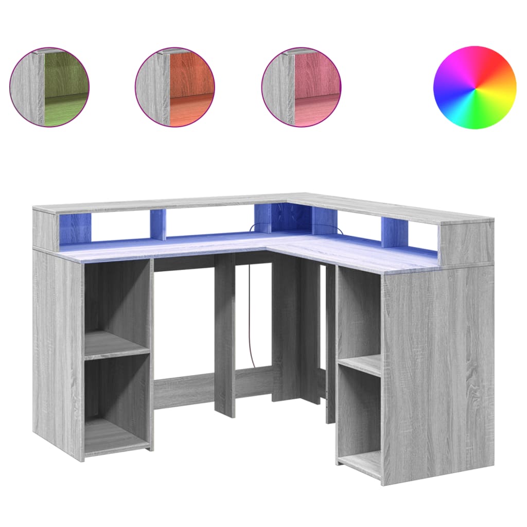 vidaXL Desk with LED Lights Grey Sonoma 130x130x91 cm Engineered Wood