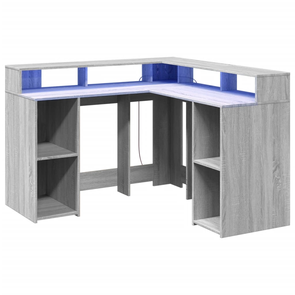 vidaXL Desk with LED Lights Grey Sonoma 130x130x91 cm Engineered Wood