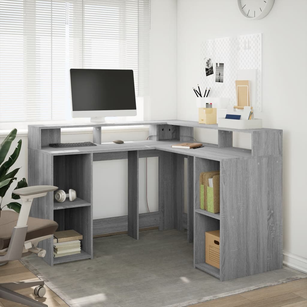 vidaXL Desk with LED Lights Grey Sonoma 130x130x91 cm Engineered Wood