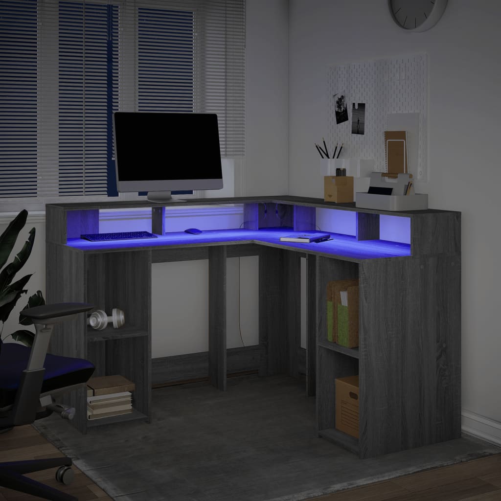 vidaXL Desk with LED Lights Grey Sonoma 130x130x91 cm Engineered Wood