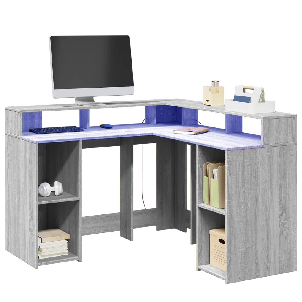 vidaXL Desk with LED Lights Grey Sonoma 130x130x91 cm Engineered Wood