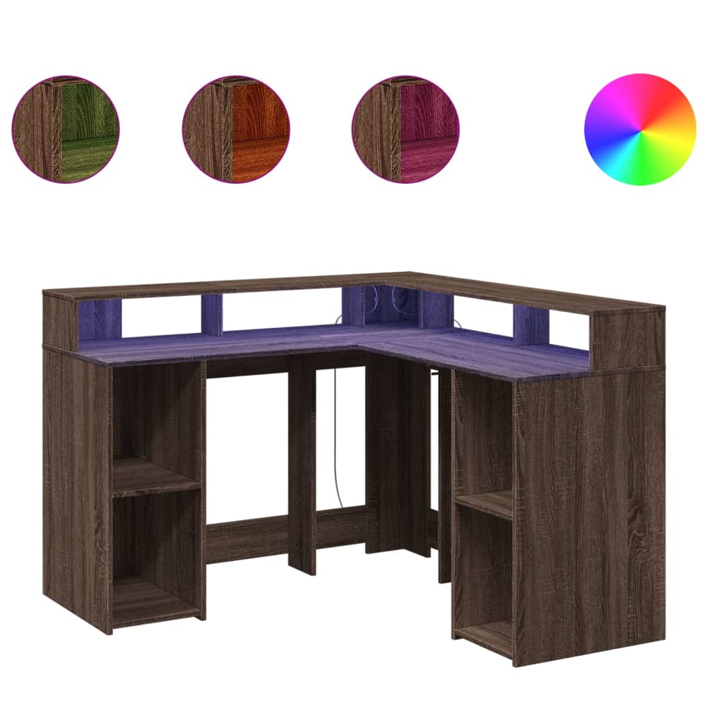 vidaXL Desk with LED Lights Brown Oak 130x130x91 cm Engineered Wood