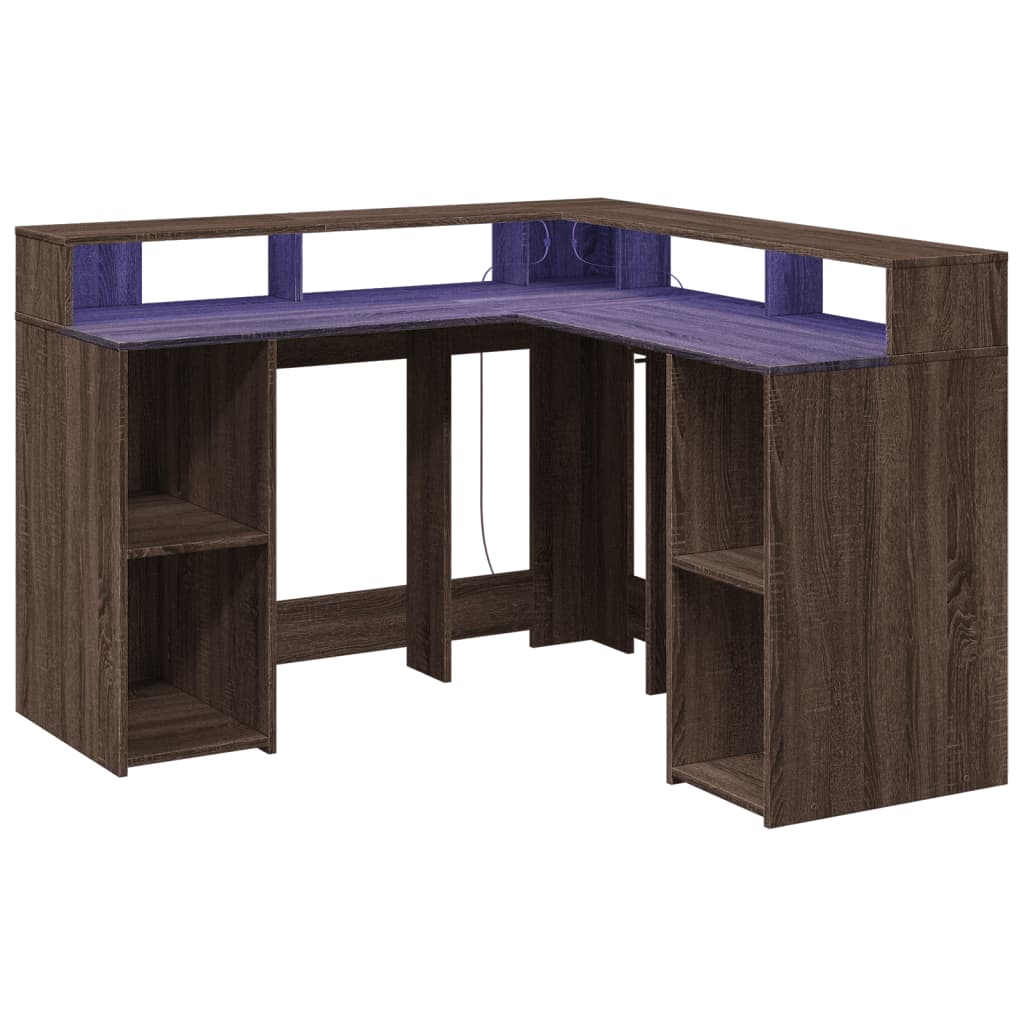 vidaXL Desk with LED Lights Brown Oak 130x130x91 cm Engineered Wood