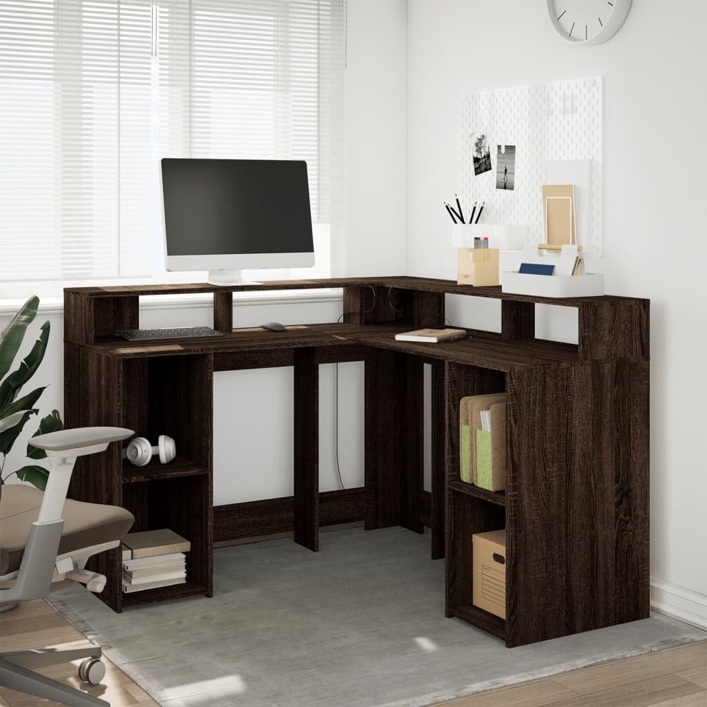 vidaXL Desk with LED Lights Brown Oak 130x130x91 cm Engineered Wood