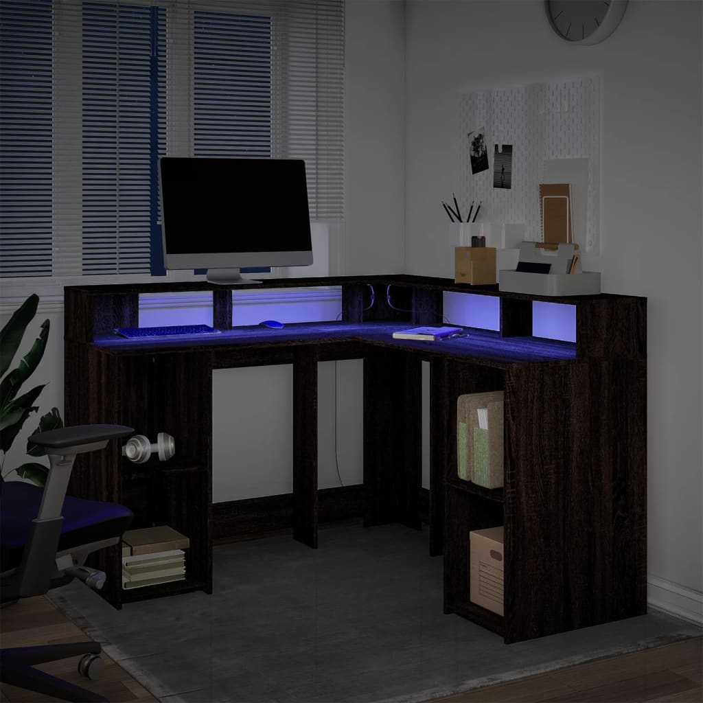 vidaXL Desk with LED Lights Brown Oak 130x130x91 cm Engineered Wood