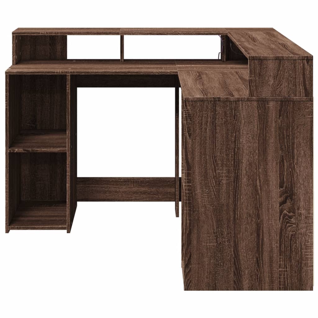 vidaXL Desk with LED Lights Brown Oak 130x130x91 cm Engineered Wood