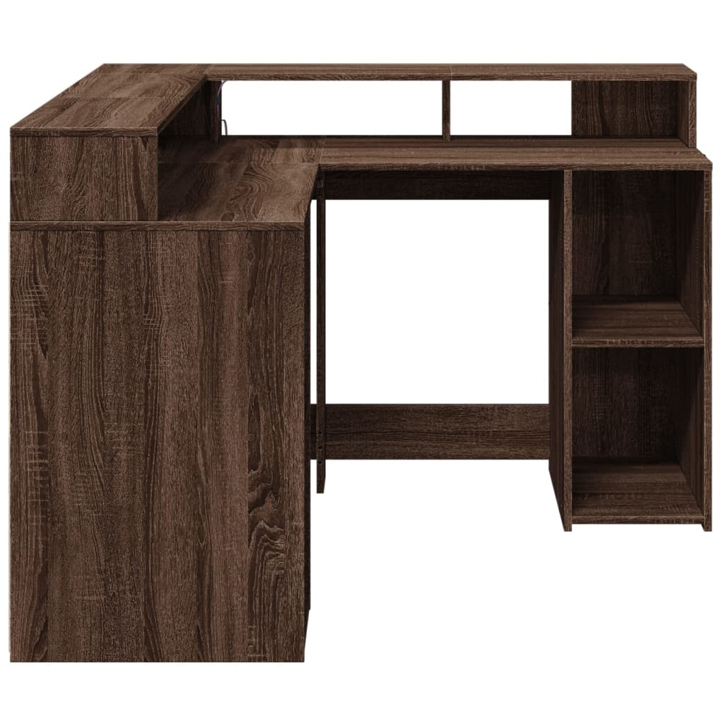 vidaXL Desk with LED Lights Brown Oak 130x130x91 cm Engineered Wood