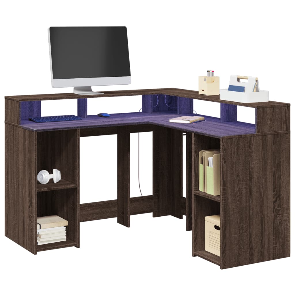 vidaXL Desk with LED Lights Brown Oak 130x130x91 cm Engineered Wood