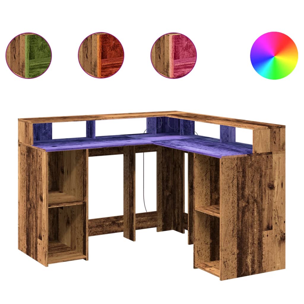 vidaXL Desk with LED Lights Old Wood 130x130x91 cm Engineered Wood