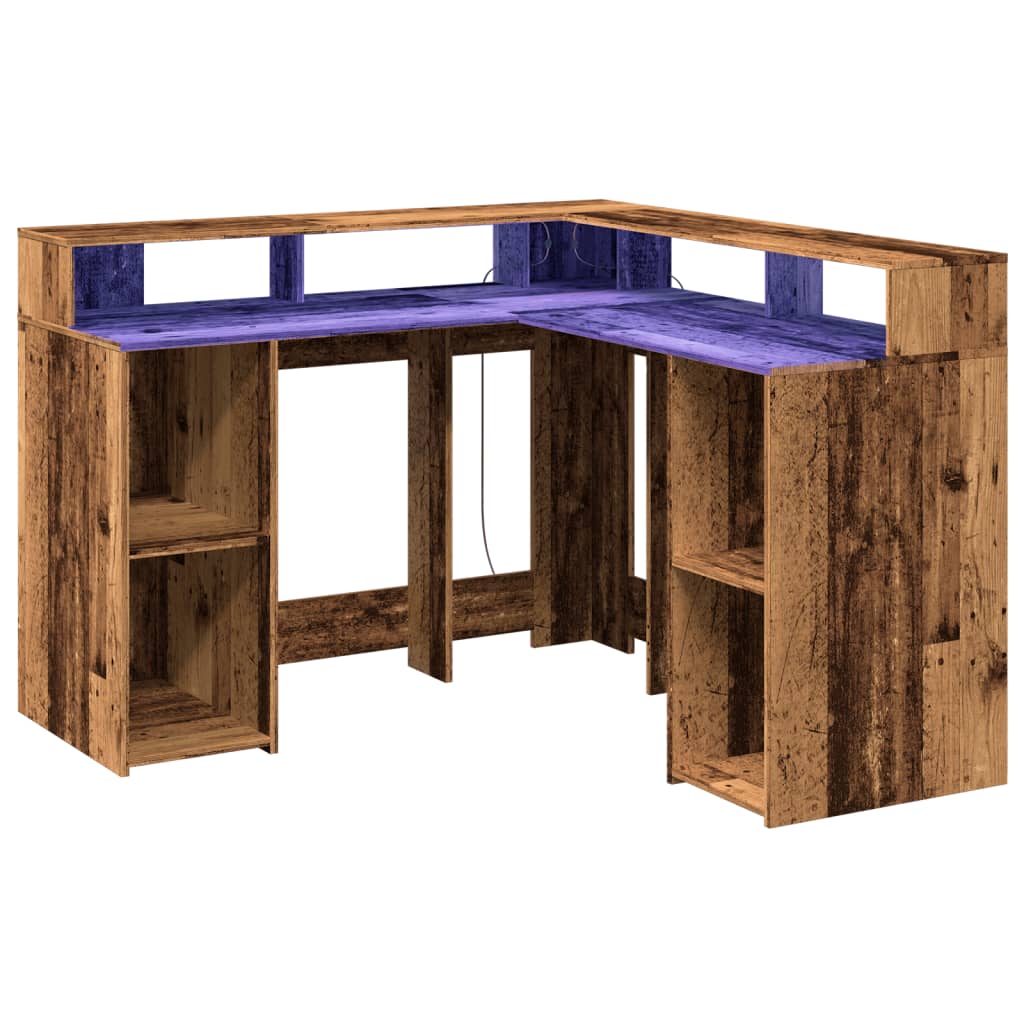 vidaXL Desk with LED Lights Old Wood 130x130x91 cm Engineered Wood