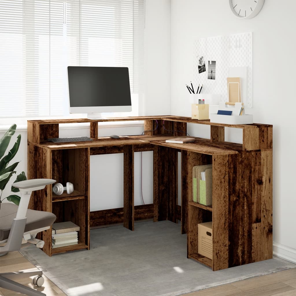 vidaXL Desk with LED Lights Old Wood 130x130x91 cm Engineered Wood