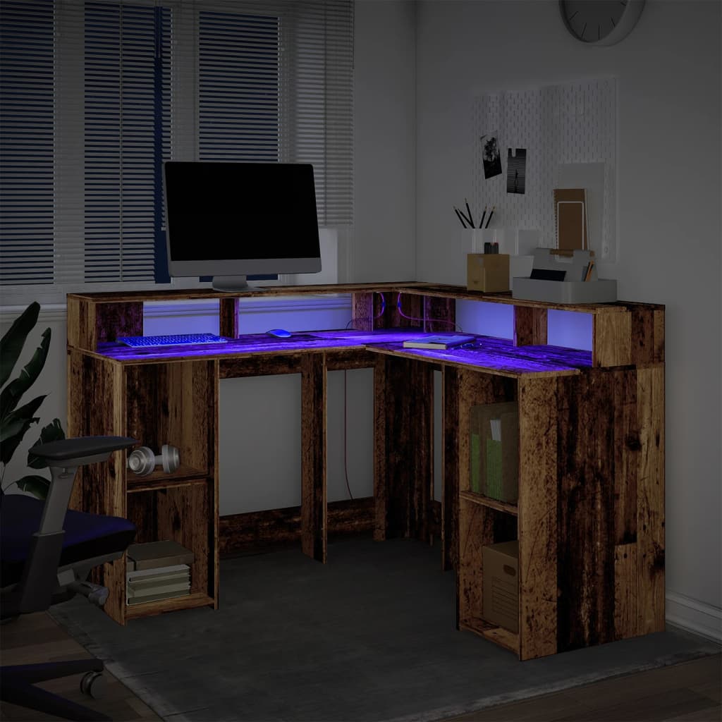 vidaXL Desk with LED Lights Old Wood 130x130x91 cm Engineered Wood