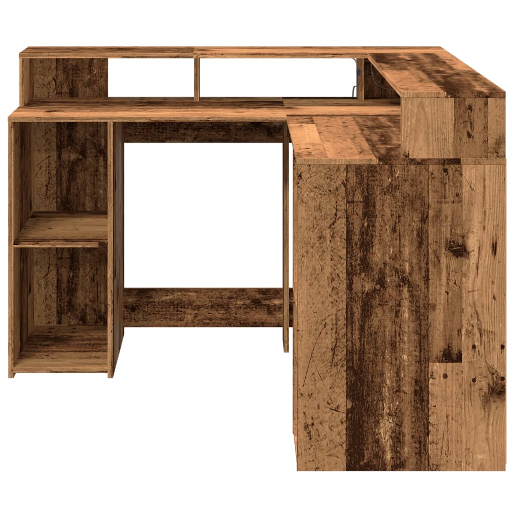 vidaXL Desk with LED Lights Old Wood 130x130x91 cm Engineered Wood