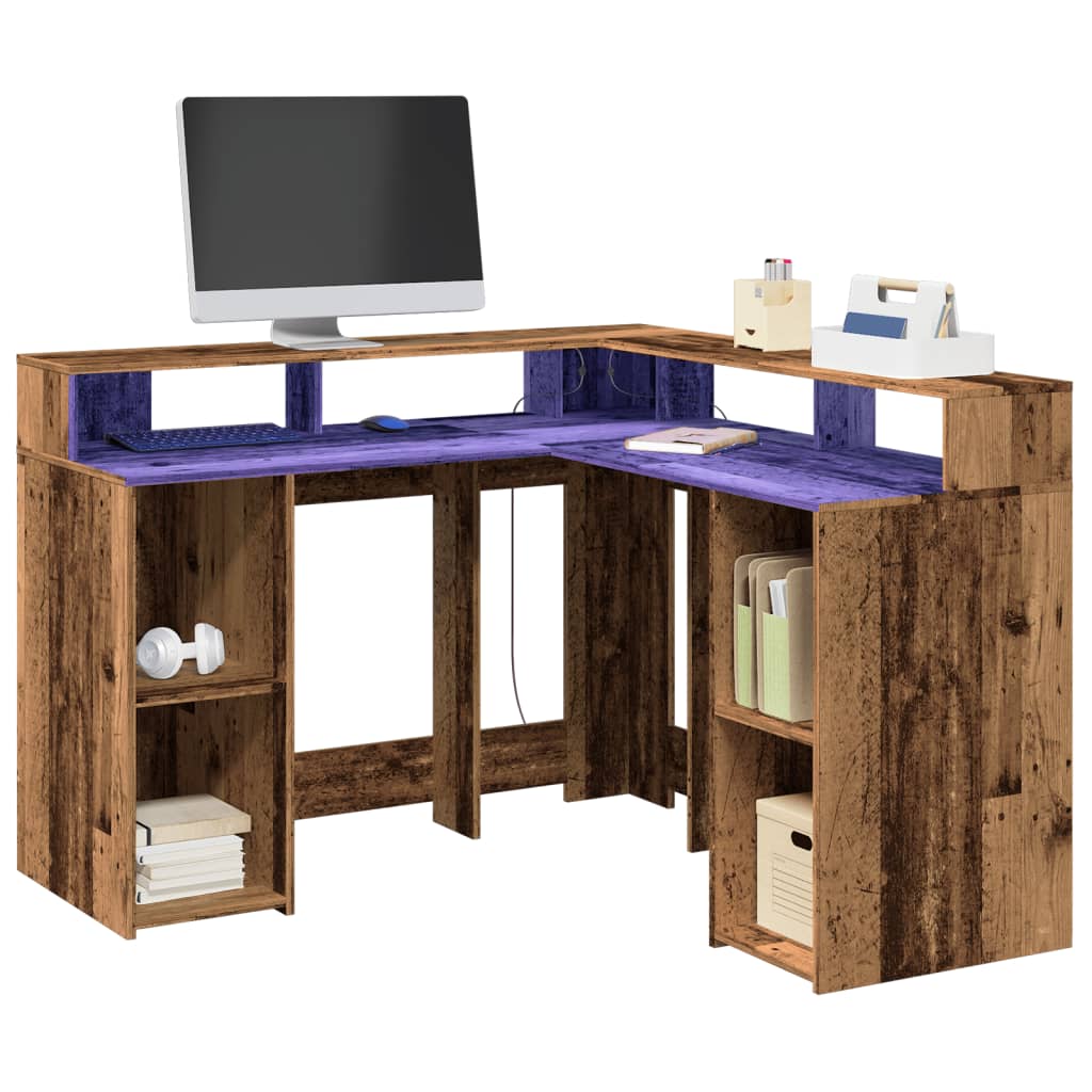 vidaXL Desk with LED Lights Old Wood 130x130x91 cm Engineered Wood