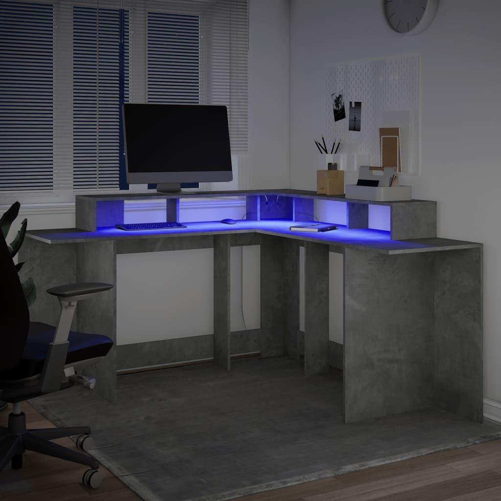 vidaXL Desk with LED Lights Concrete Grey 152x152x91 cm Engineered Wood