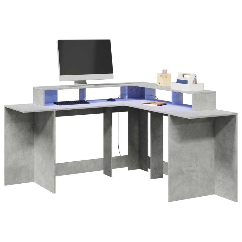 vidaXL Desk with LED Lights Concrete Grey 152x152x91 cm Engineered Wood