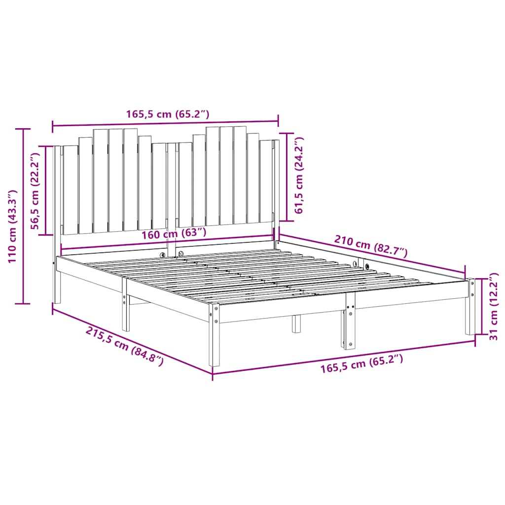 Extra Long Bed Frame without Mattress 160x210 cm Solid Wood