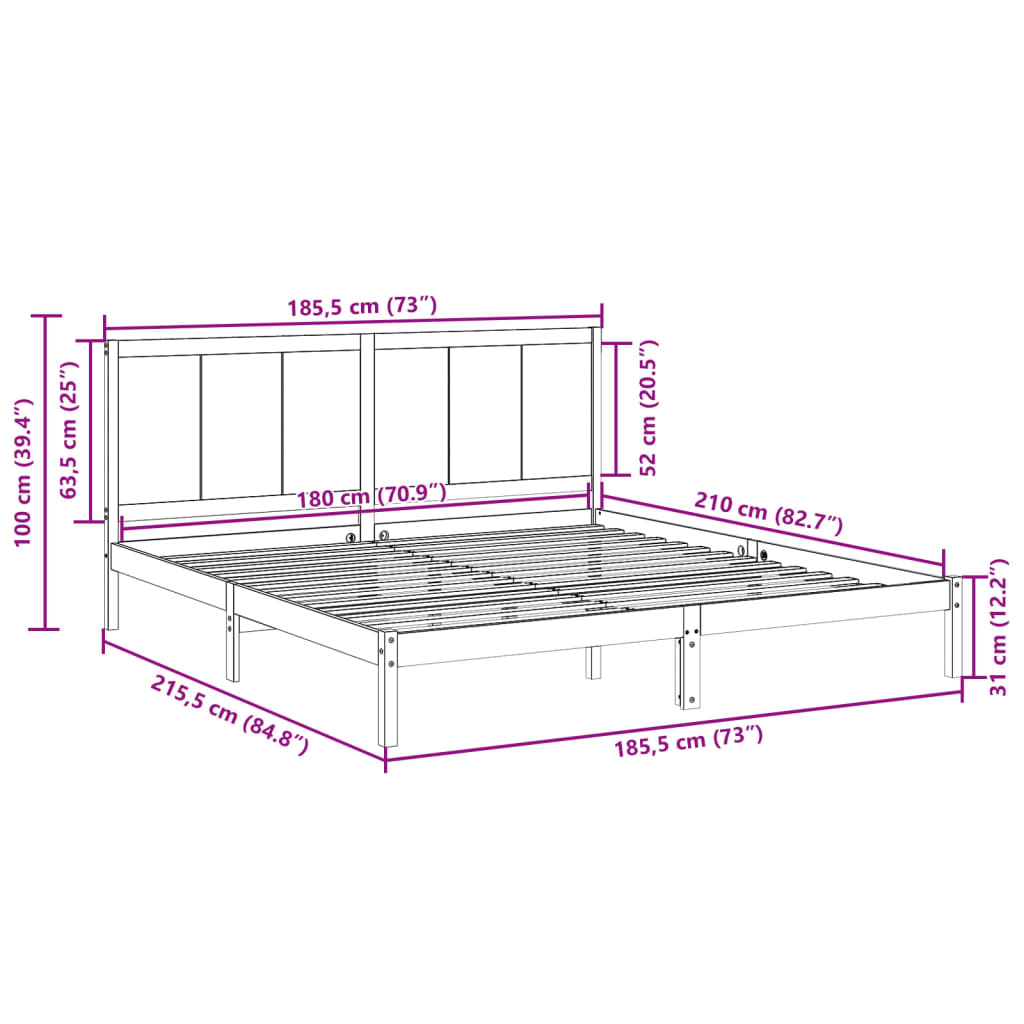 vidaXL Extra Long Bed Frame without Mattress White 180x210 cm Solid Wood