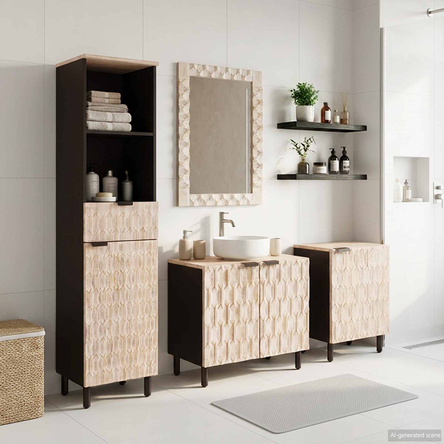 Bathroom Sets 4 pcs White Wash Finish Solid Mango Wood