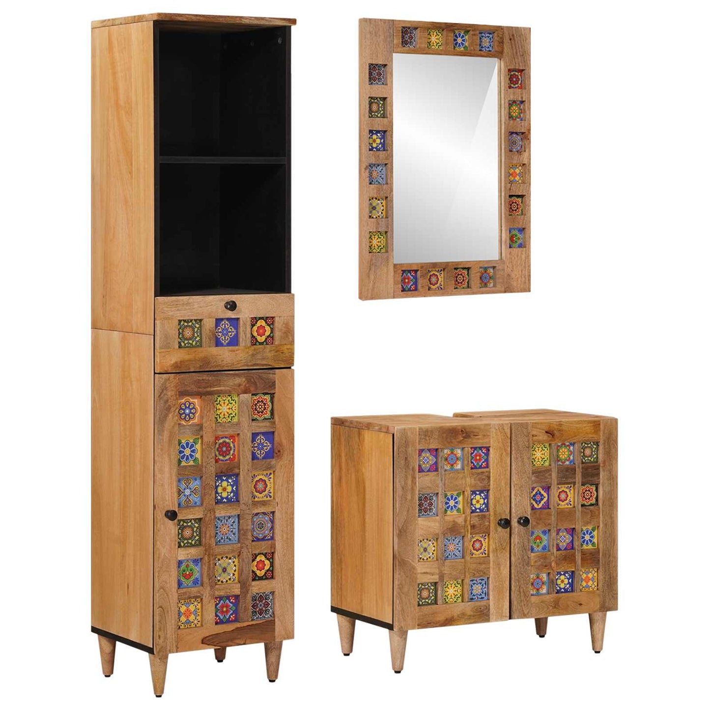 Bathroom Furniture Set with Door 3 pcs Natural Solid Mango Wood