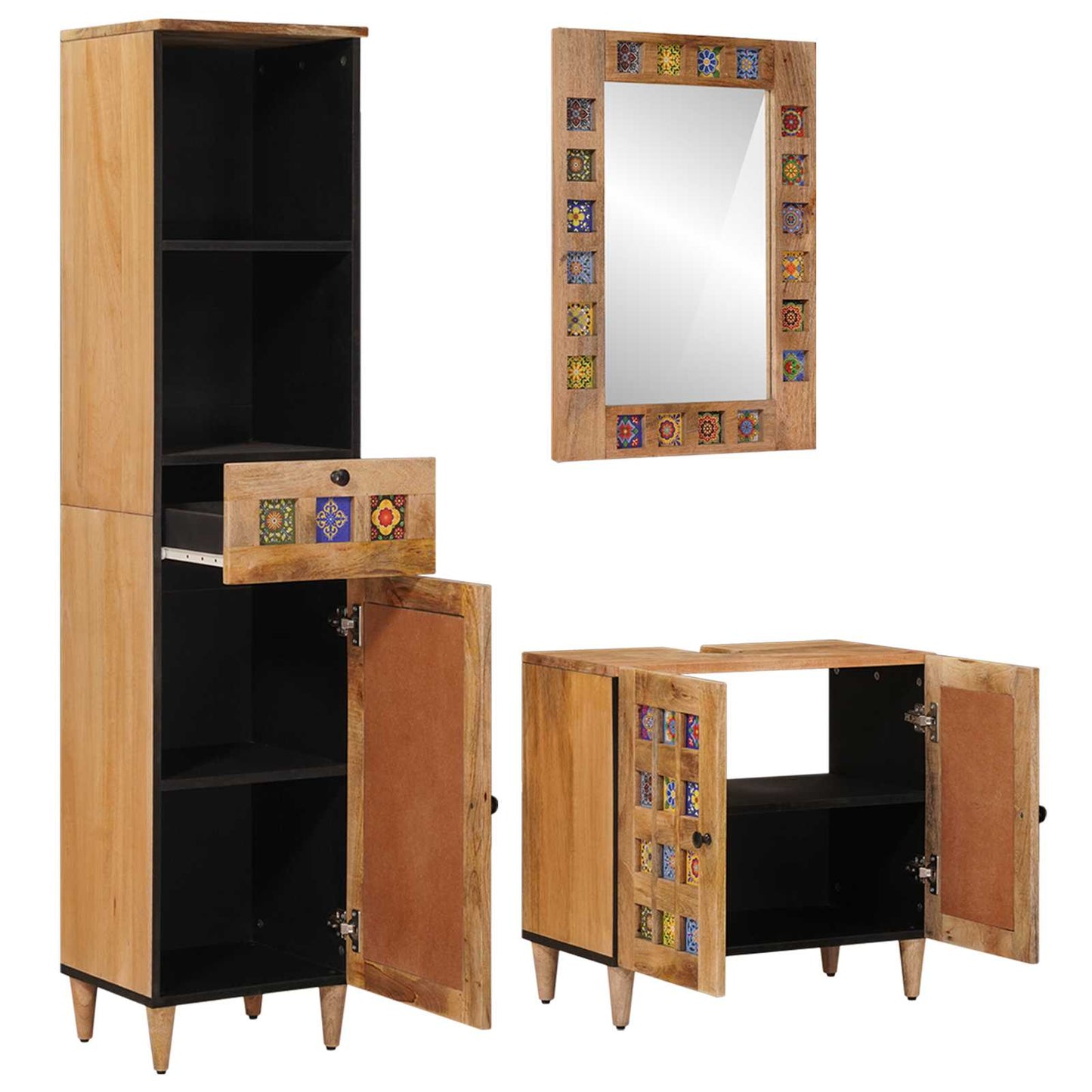 Bathroom Furniture Set with Door 3 pcs Natural Solid Mango Wood
