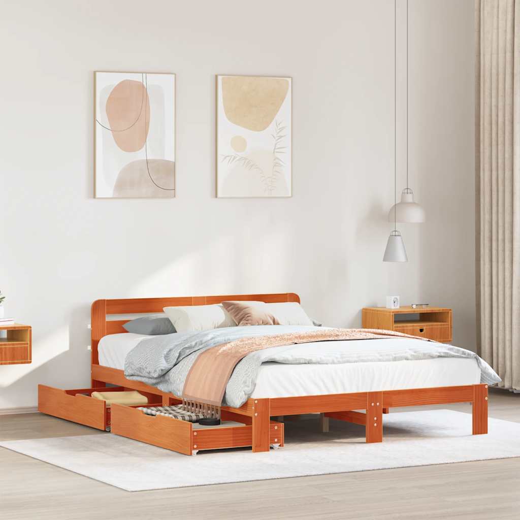 Bed Frame without Mattress Wax Brown 135x190 cm Double Solid Wood Pine