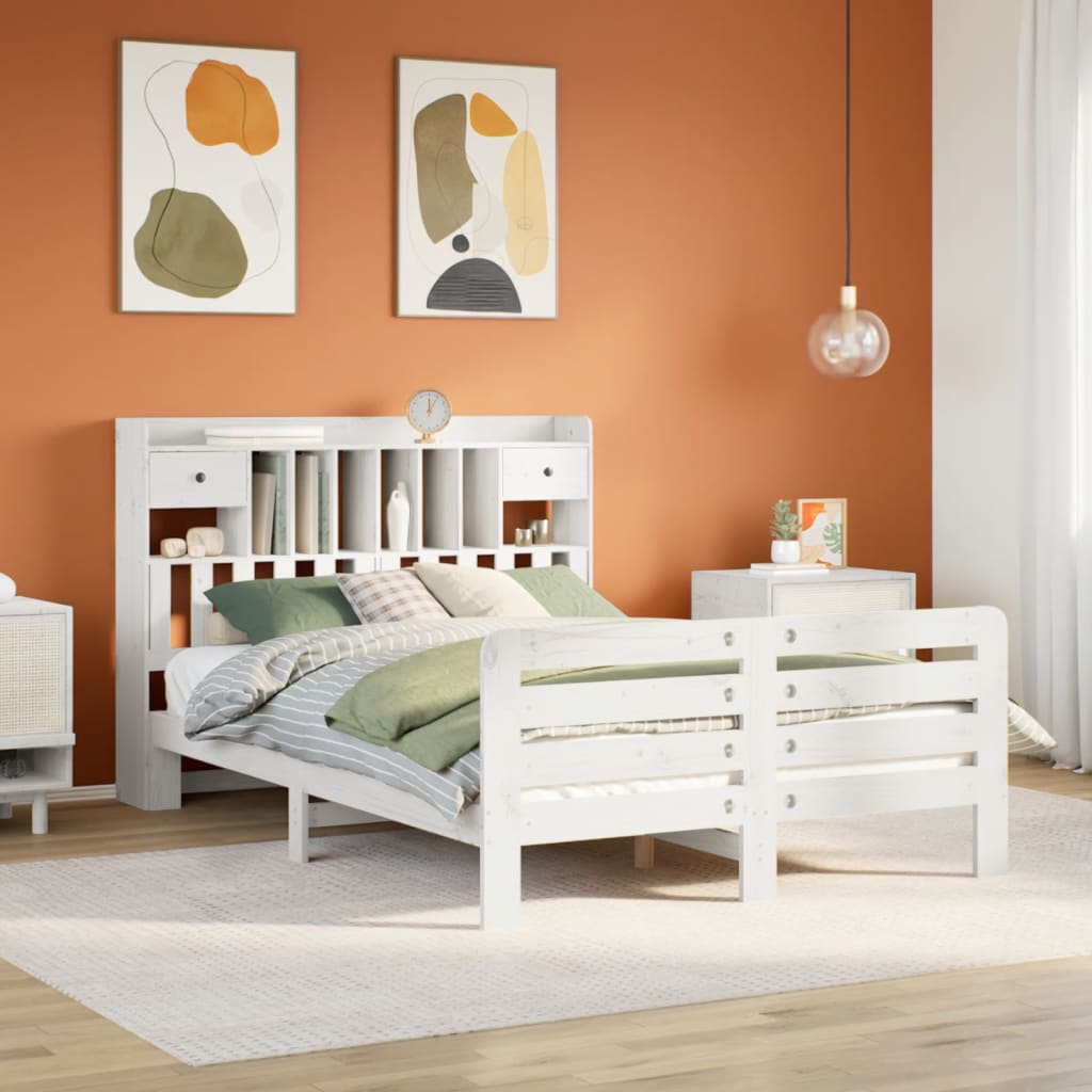 Bookcase Bed without Mattress White 150x200 cm King Size Solid Wood Pine