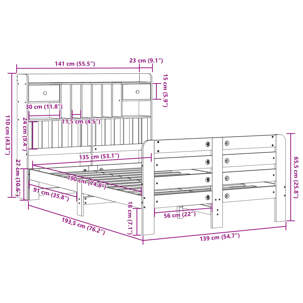 Bookcase Bed without Mattress 135x190 cm Double Solid Wood Pine