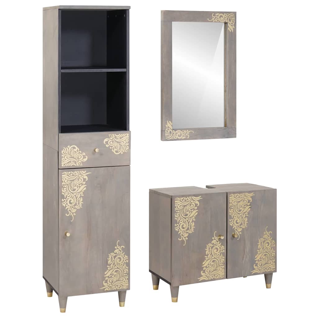 Bathroom Cabinet Set with Drawer 3 pcs Grey Solid Mango Wood