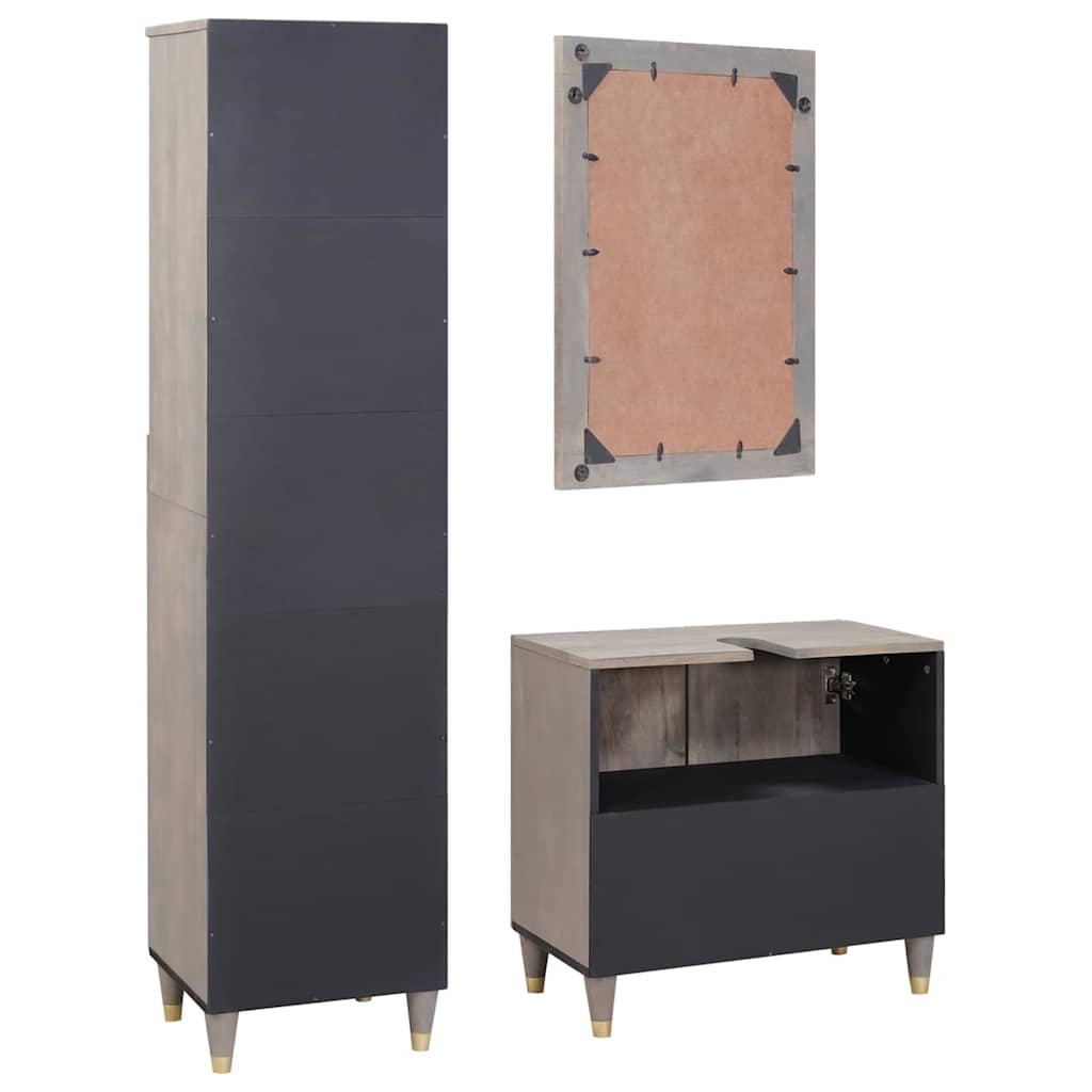 Bathroom Cabinet Set with Drawer 3 pcs Grey Solid Mango Wood