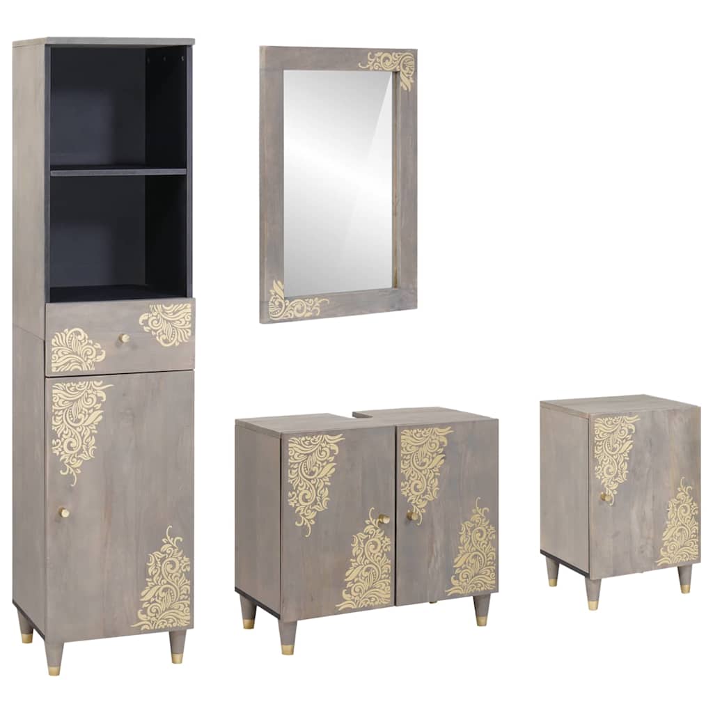 Bathroom Cabinet Set with Drawer 4 pcs Grey Solid Mango Wood