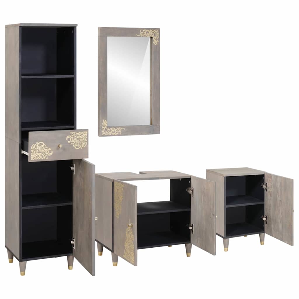 Bathroom Cabinet Set with Drawer 4 pcs Grey Solid Mango Wood