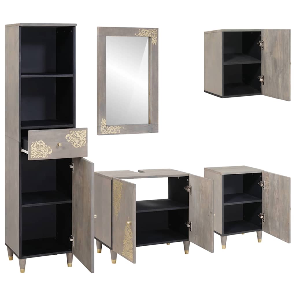 Bathroom Cabinet Set with Drawer 5 pcs Grey Solid Mango Wood