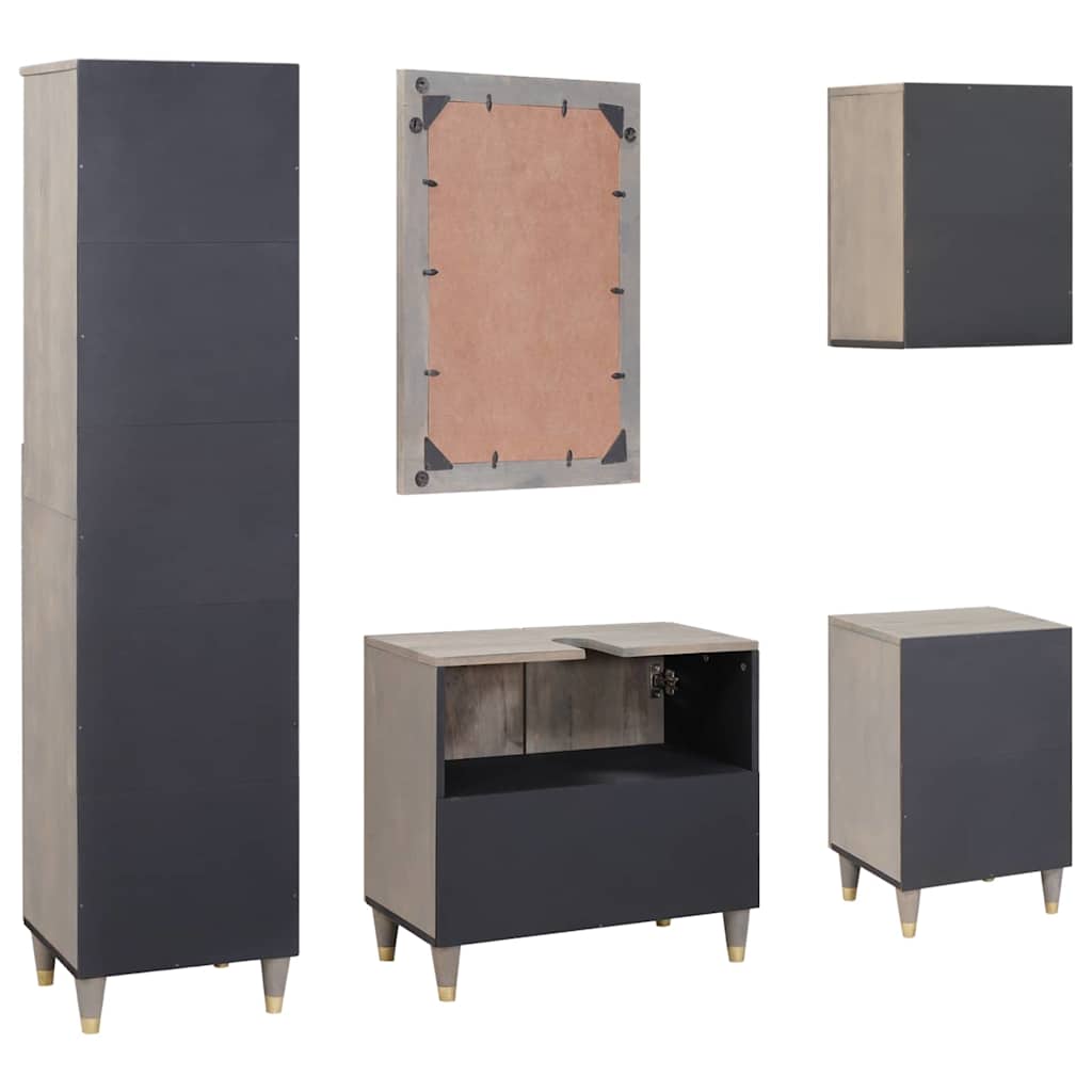 Bathroom Cabinet Set with Drawer 5 pcs Grey Solid Mango Wood