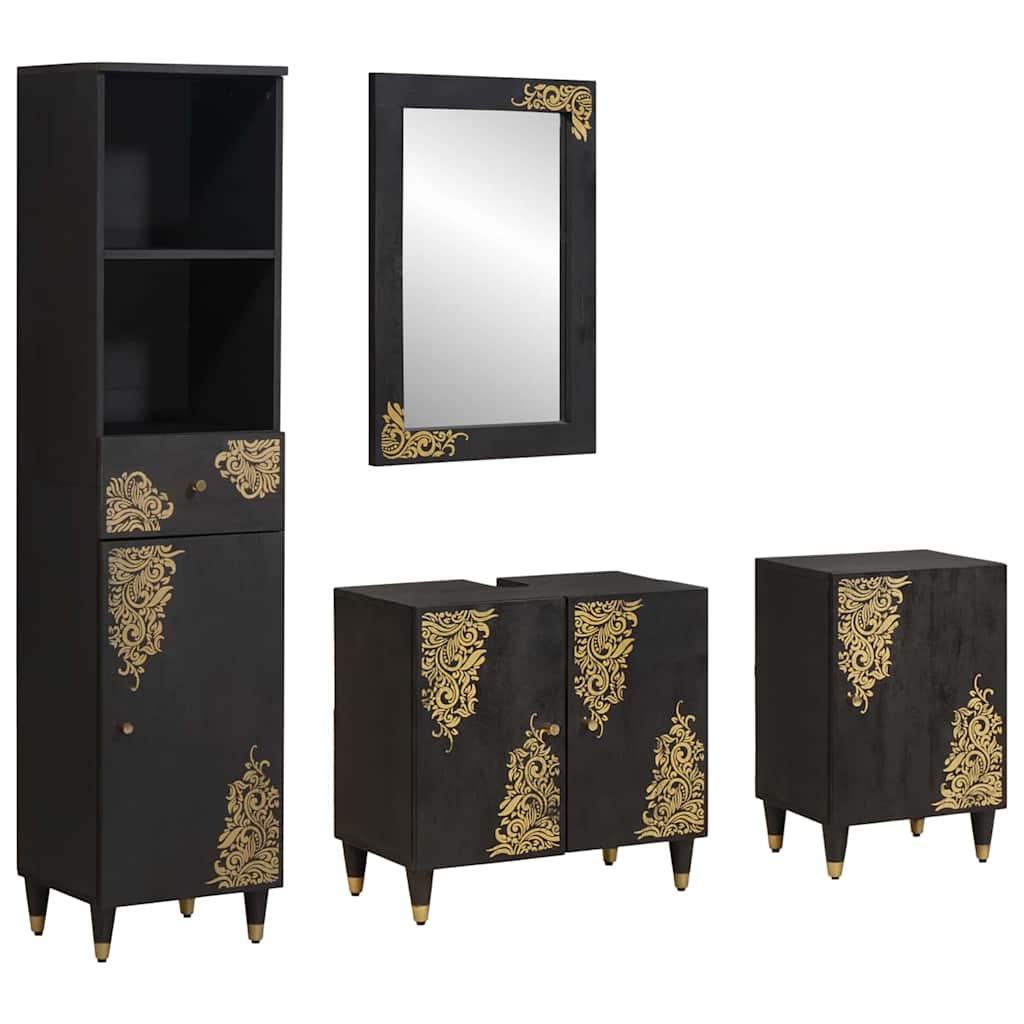 Bathroom Cabinet Set with Drawer 4 pcs Black Solid Mango Wood