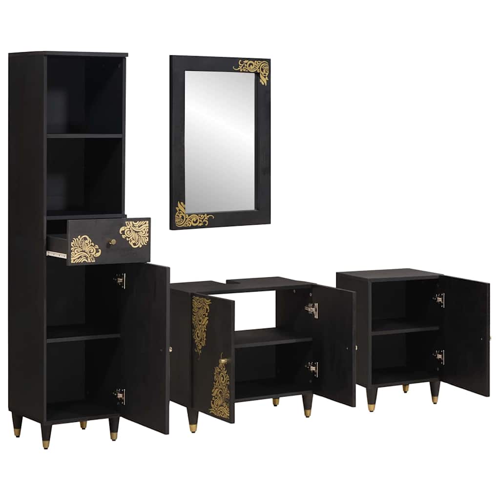 Bathroom Cabinet Set with Drawer 4 pcs Black Solid Mango Wood