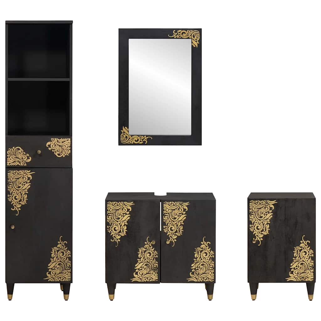 Bathroom Cabinet Set with Drawer 4 pcs Black Solid Mango Wood