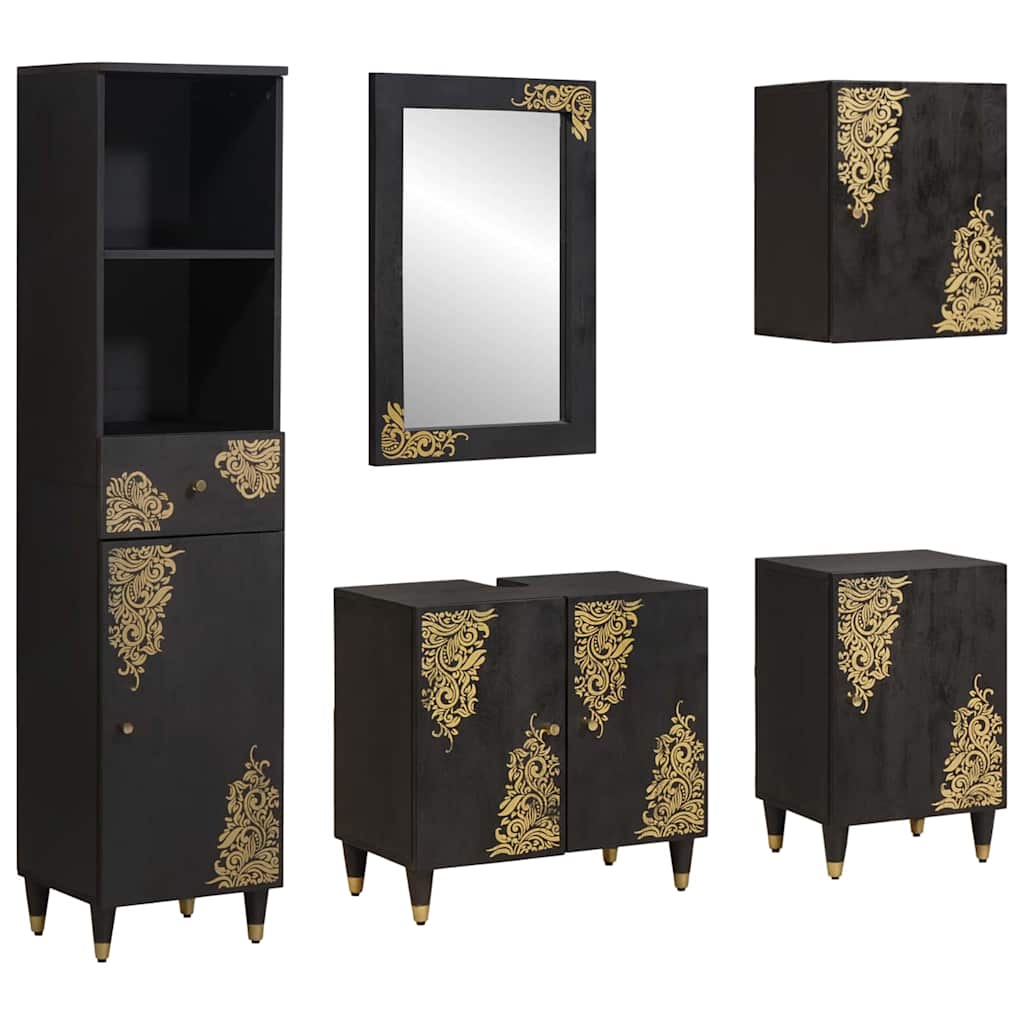 Bathroom Cabinet Set with Drawer 5 pcs Black Solid Mango Wood