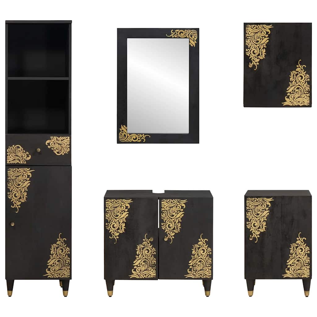 Bathroom Cabinet Set with Drawer 5 pcs Black Solid Mango Wood